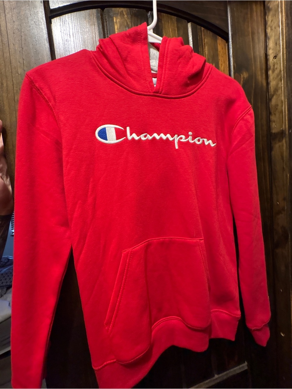 Champion Red Pullover Hoodie with Script Logo - Women's